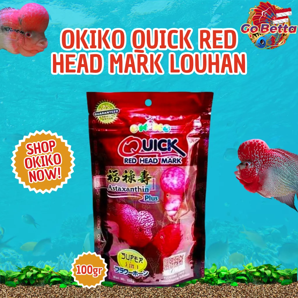 OKIKO QUICK RED Premium Head Growth Formula for Louhan Fish Enhance Red Marking & Vibrancy High-Protein Feed 100g  S M L