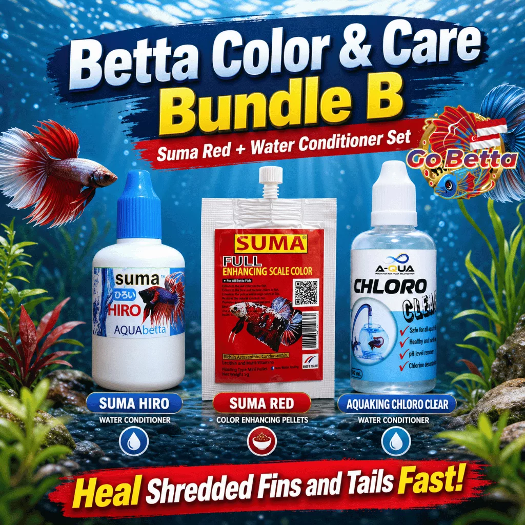 Betta Fish Food & Water Care Kit Suma Red Color Enhancer Suma Hiro Chloro Clear Heal Shredded Fins & Tails Bundle B