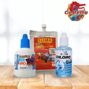 Betta Fish Food & Water Care Kit Suma Red Color Enhancer Suma Hiro Chloro Clear Heal Shredded Fins & Tails Bundle B