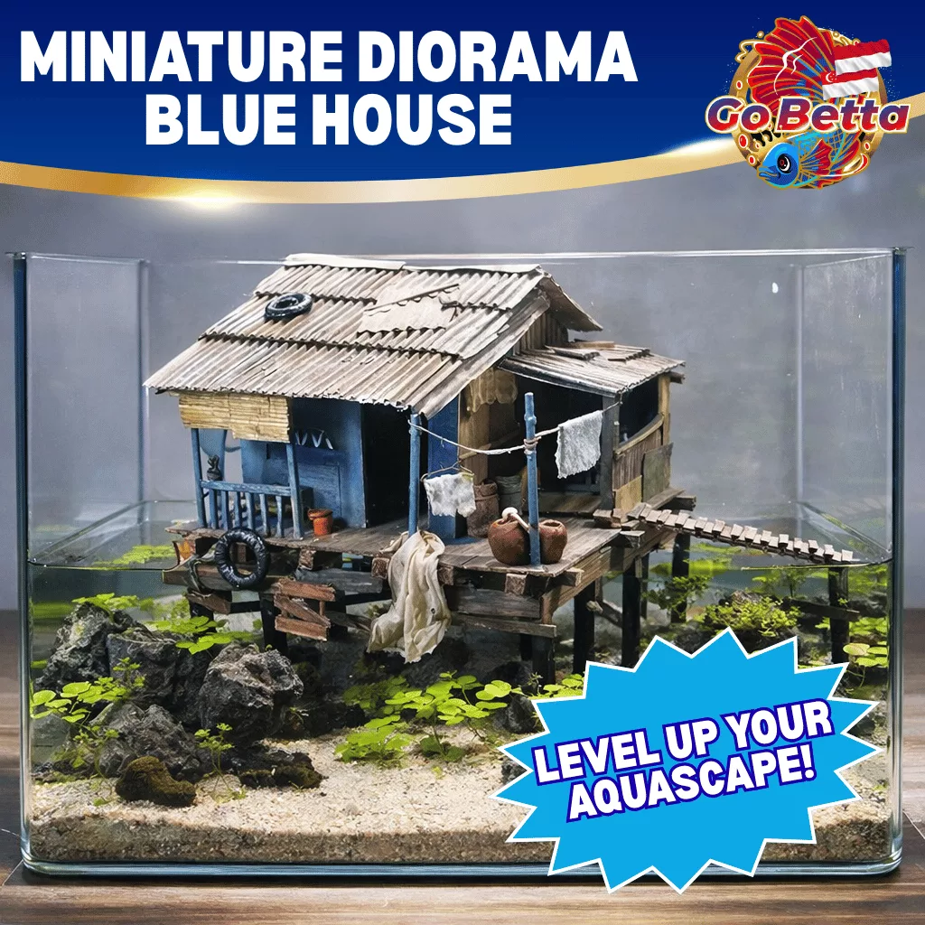 🇸🇬 Aquarium Diorama Miniature Blue Riverside House with Toilet | Shallow Tank Aquascape Decor for Artistic Layout