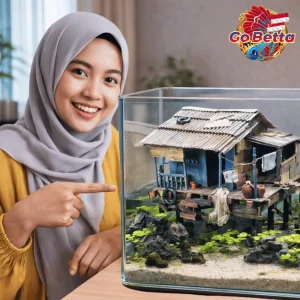 🇸🇬 Aquarium Diorama Miniature Blue Riverside House with Toilet | Shallow Tank Aquascape Decor for Artistic Layout