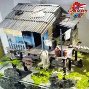 🇸🇬 Aquarium Diorama Miniature Blue Riverside House with Toilet | Shallow Tank Aquascape Decor for Artistic Layout
