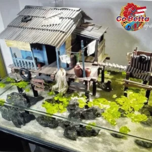 🇸🇬 Aquarium Diorama Miniature Blue Riverside House with Toilet | Shallow Tank Aquascape Decor for Artistic Layout