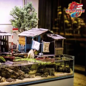 🇸🇬 Aquarium Diorama Miniature Blue Riverside House with Toilet | Shallow Tank Aquascape Decor for Artistic Layout