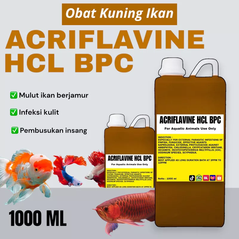 Acriflavine HCL BPC 1 Liter Fish Treatment | Strong Yellow Antiseptic for Aquarium Disease, Fungus & Gill Protection